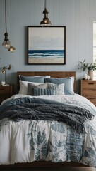 Coastal-themed bedroom with minimalist decor and a comfortable bed.