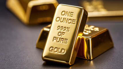 A medium shot of a gold bar with the inscription "One ounce of 99.9% pure gold". The gold bar is placed on a dark surface. The background is blurred and contains a few more gold bars.