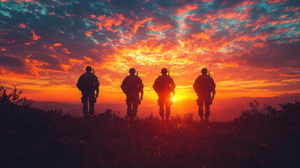 Four soldiers stand in silhouette against a dramatic sunset.
