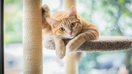 Relaxed Ginger Cat Lounging on Cat Tree