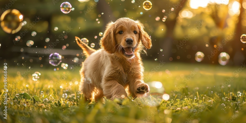 Poster adorable puppy delighted by bubbles in playful park setting with negative space