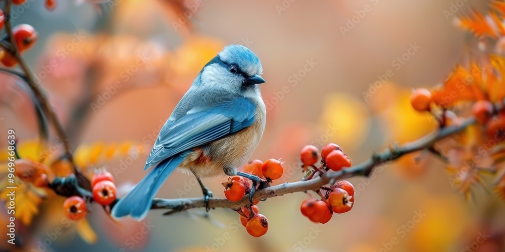 Poster tranquil avian bliss - cheerful bird perched on branch with ample negative space for design element 