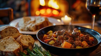A cozy winter dinner with hearty beef stew, fresh bread, and a roaring fireplace in the background