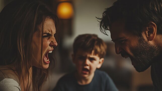 Husband and wife quarrel and quarrel. and a little child watching them, blurred background of the room