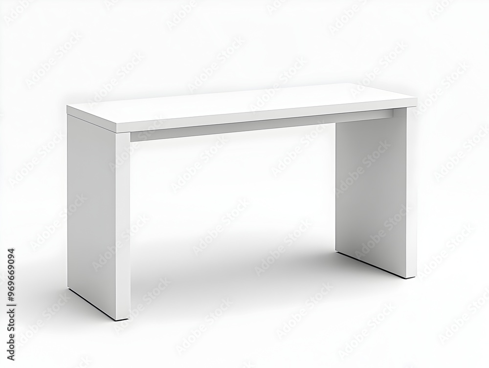 Poster photograph of a minimalist white desk with clean simple lines isolated on a plain white background t
