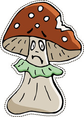 Cute sadeness mushroom on transparent background. Hand drawn sticker.