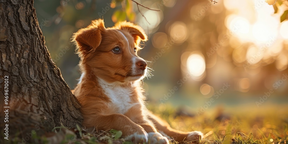 Poster serene puppy resting under tree with copy space