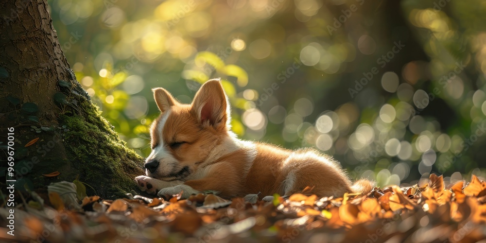 Poster serene puppy resting under tree - peaceful moment of calmness with copy space for text in nature set