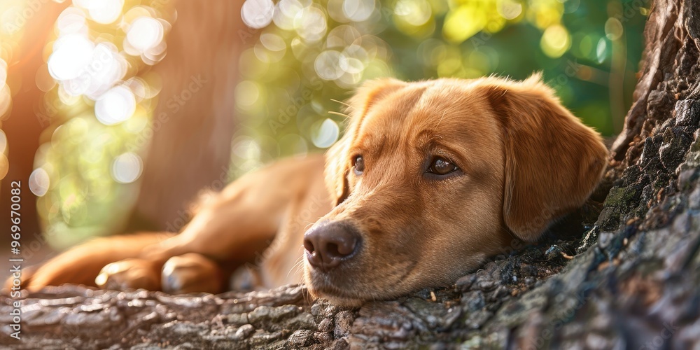 Poster serene puppy resting under tree - peaceful moment of calmness with copy space for text in nature set