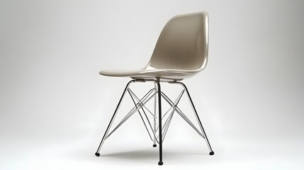 Photograph of a sleek and modern minimalist stacking chair featuring a plastic seat and metal legs displayed against a clean white background for a simple elegant and versatile product showcase