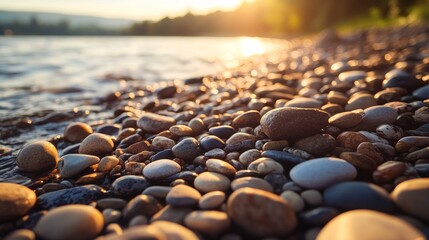Obraz premium Pebbles on a lake shore at sunset