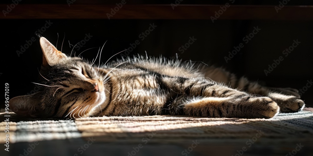 Poster serene cat resting on sunlit windowsill with ample negative space