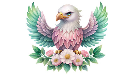 Fototapeta premium Fantasy Eagle Illustration in Flight with Pastel-Colored Feathers and Floral Embellishments