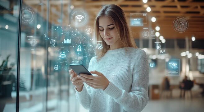 A woman in the office uses a smartphone to interact with various digital symbols and icons. floating around which represents the integration of technology into daily life. - Powered by Adobe