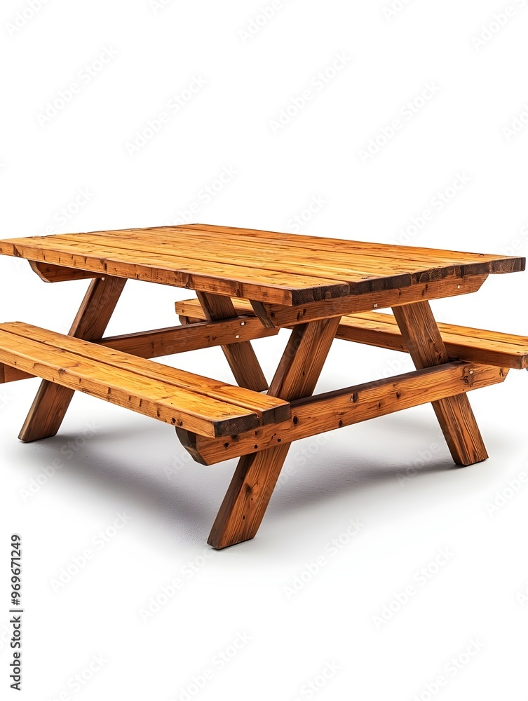 Poster rectangular wooden picnic table with attached benches isolated on a clean white background ideal for