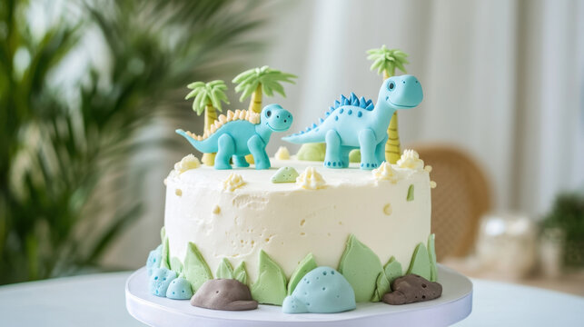 Dinosaur-themed Birthday Cake with Colorful Toppings