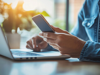Arbeit am Laptop und Smartphone Zuhause und im Büro, Synchronisation von Daten zwischen Laptop und Smartphone, Multi-Faktor-Authentifizierung mit dem Smartphone zur Anmeldung auf ein Internet Konto