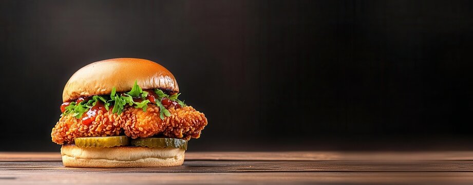 A crispy fried chicken sandwich with a spicy honey mustard sauce, pickles, and a buttery brioche bun