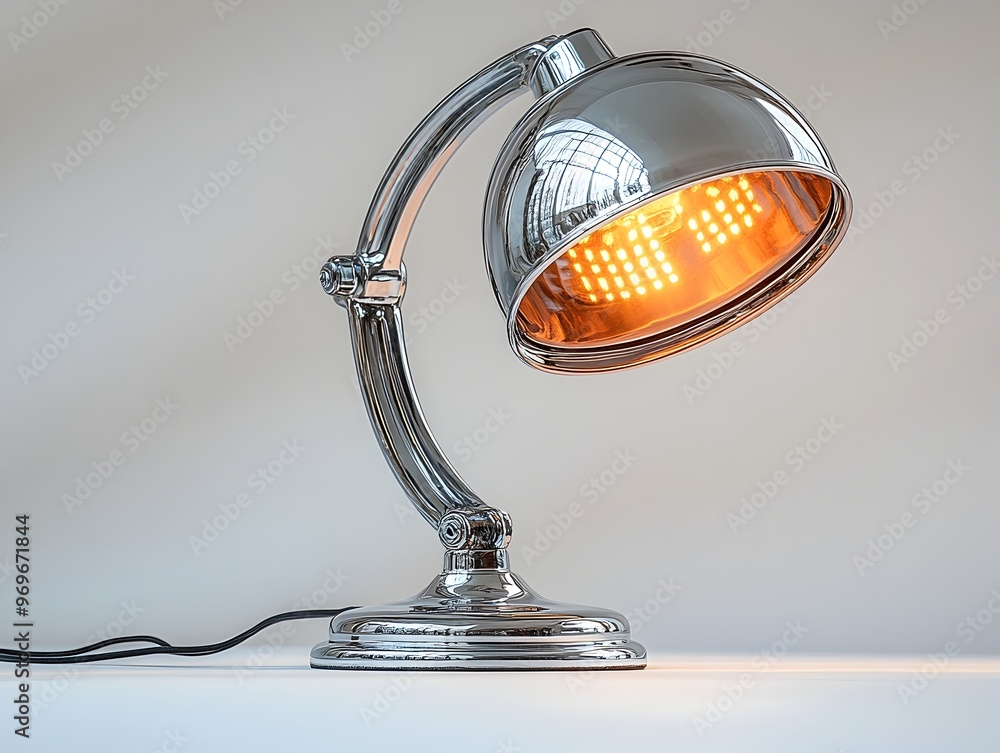 Poster retro inspired chrome lamp with a sleek and shiny metallic finish isolated on a clean white backgrou
