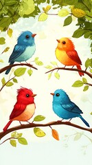 Fototapeta premium Four Colorful Birds Perched on Branches with Green Leaves.