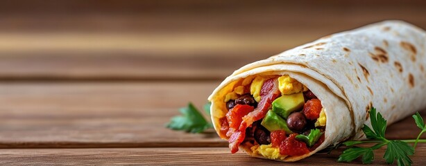 A hearty breakfast burrito with fluffy scrambled eggs, bacon, black beans, avocado, and spicy salsa wrapped in a warm tortilla