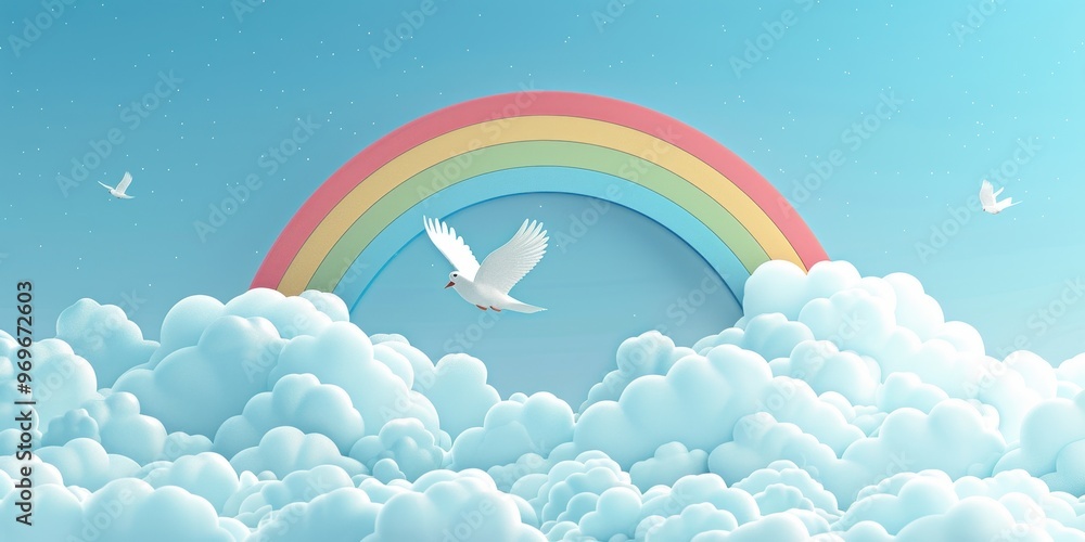 Poster graceful bird soaring over vibrant rainbow with ample negative space for text or design elements