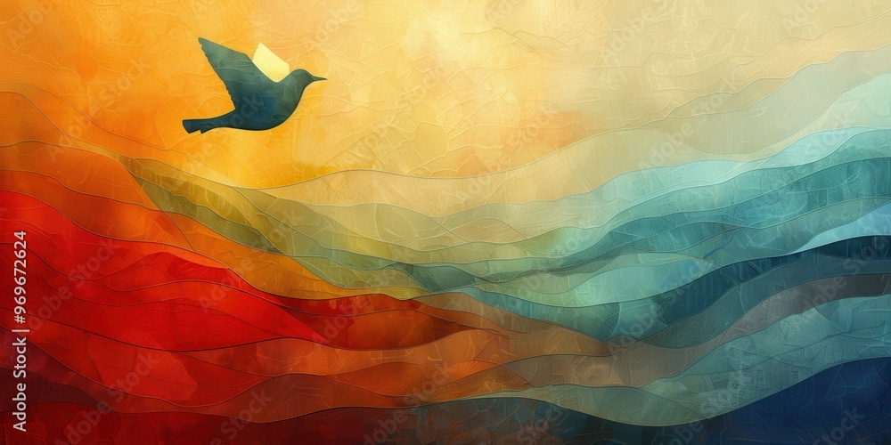 Poster graceful bird soaring over vibrant rainbow with ample negative space for text or design concepts