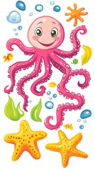 Fototapeta premium Cute Cartoon Pink Octopus With Sea Elements.