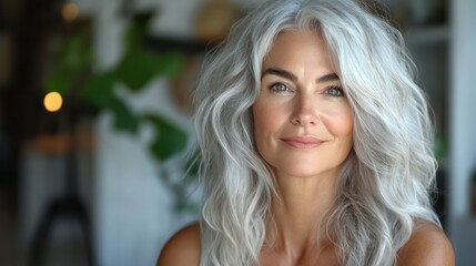 Fototapeta premium A middle-aged influencer embraces her silver hair and radiant style. Become a role model for embracing natural beauty.