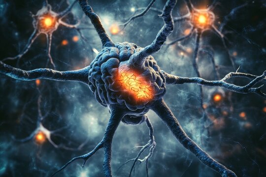 Spike train connectome synaptic signal neurotrophic factors and synaptic cleft detailed neuron surrounded by glowing synaptic activity in a futuristic abstract environment