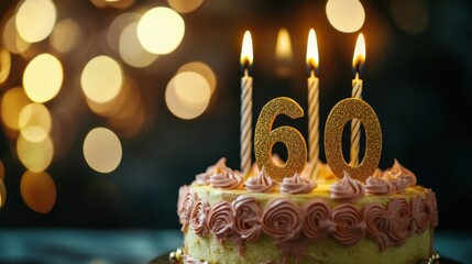 Celebratory 60th Birthday Cake With Glowing Candles and Bokeh Background