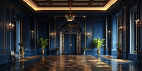 Fototapeta premium expensive hotel lobby with luxury dark blue wooden panels, carvings royal style and elegant wooden floor 