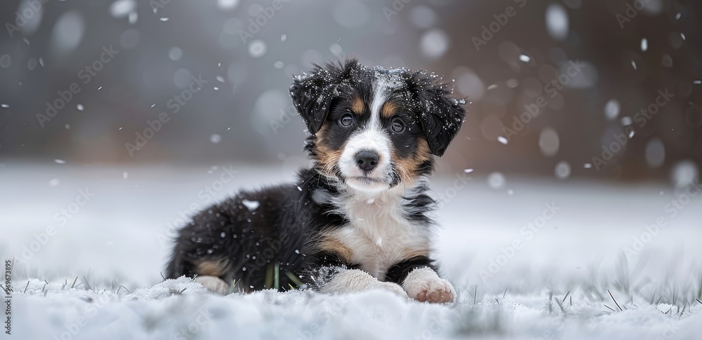 Poster playful puppy frolicking in snowy serenity with ample negative space for text overlay.