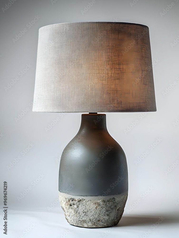 Poster rustic lamp with stone base and linen shade isolated on a clean white background showcasing the eart