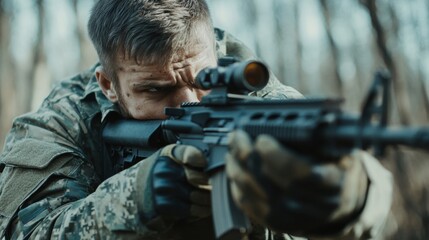 Fototapeta premium Military Soldier in Camouflage Aiming Rifle in the Field