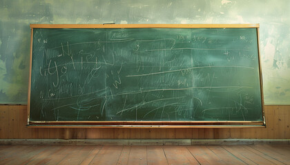 Wide angle background image of wooden school desks in row facing blackboard in empty classroom, copy space