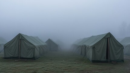 Misty Military Camp with Green Canvas Tents