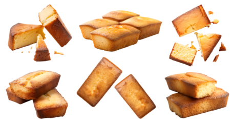 French Financier almond little cake pastry dessert on transparent cutout, PNG file. Many assorted different angles, stack, broken, pile. Mockup template for artwork design