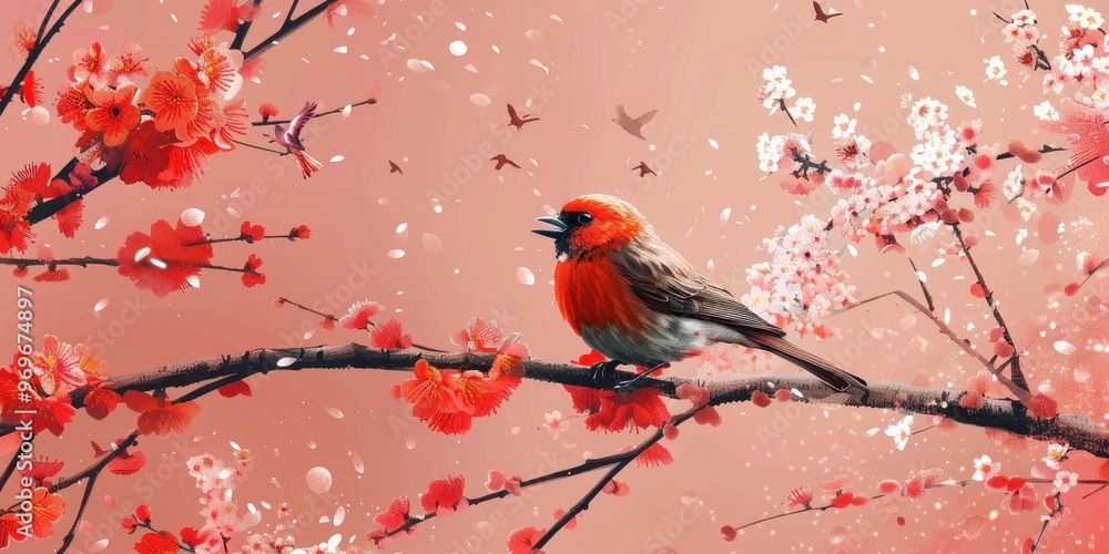 Poster melodious bird serenading on empty fence with negative space background