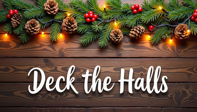 Christmas Decoration with Festive Garland and "Deck the Halls" Text on Rustic Wooden Background with Copy Space - Powered by Adobe