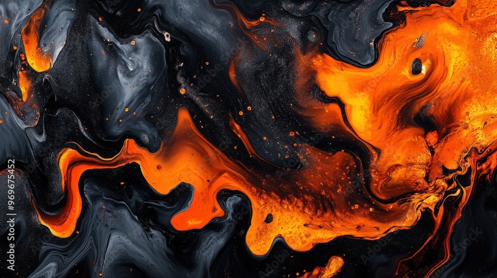 Poster vibrant orange hues blend seamlessly with deep black tones, creating a striking abstract design that