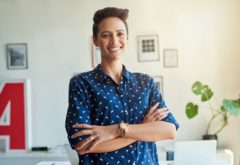 Portrait, happy and business woman with arms crossed for opportunity, pride and career. Face, smile and confident creative professional, entrepreneur or publisher in profile picture at startup in Uk