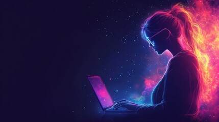 vibrant neon outline of a student with a laptop for a banner design showcasing the concept of online education