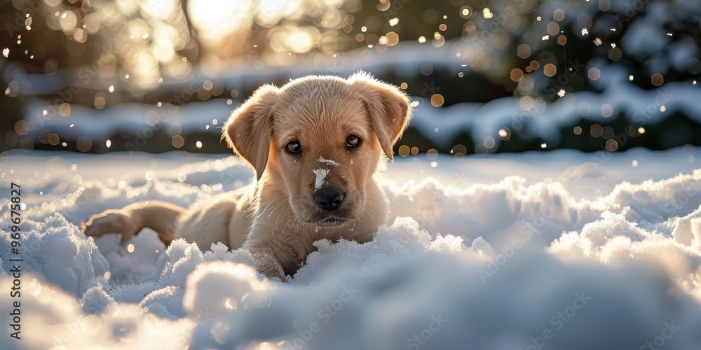 Poster playful puppy blowing bubbles in park with ample negative space for text or graphics