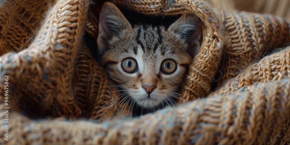 Poster adorable kitten peeking out from cozy blanket creating negative space for text or design element