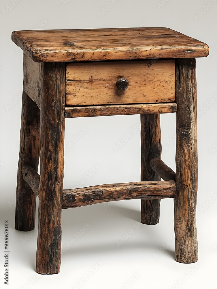 Aufkleber rustic wooden side table with a single drawer standing alone on a clean white background the classic