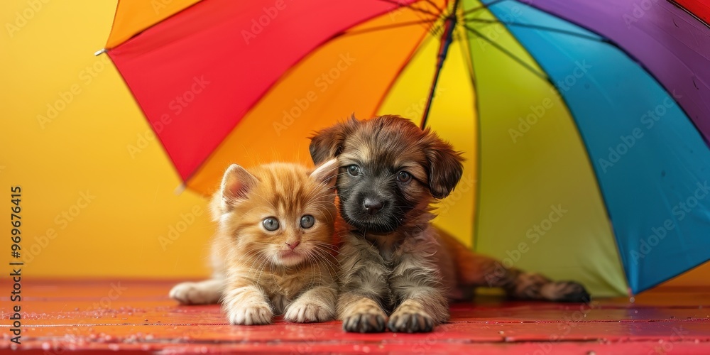 Poster adorable puppy and kitten playing together with ample negative space for text or design elements
