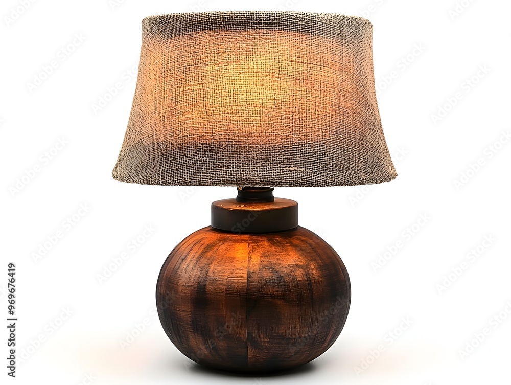 Poster rustic wooden table lamp with a warm textured burlap shade isolated on a clean white background this