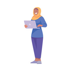 Muslim Woman Entrepreneur Character Standing with Laptop Vector Illustration