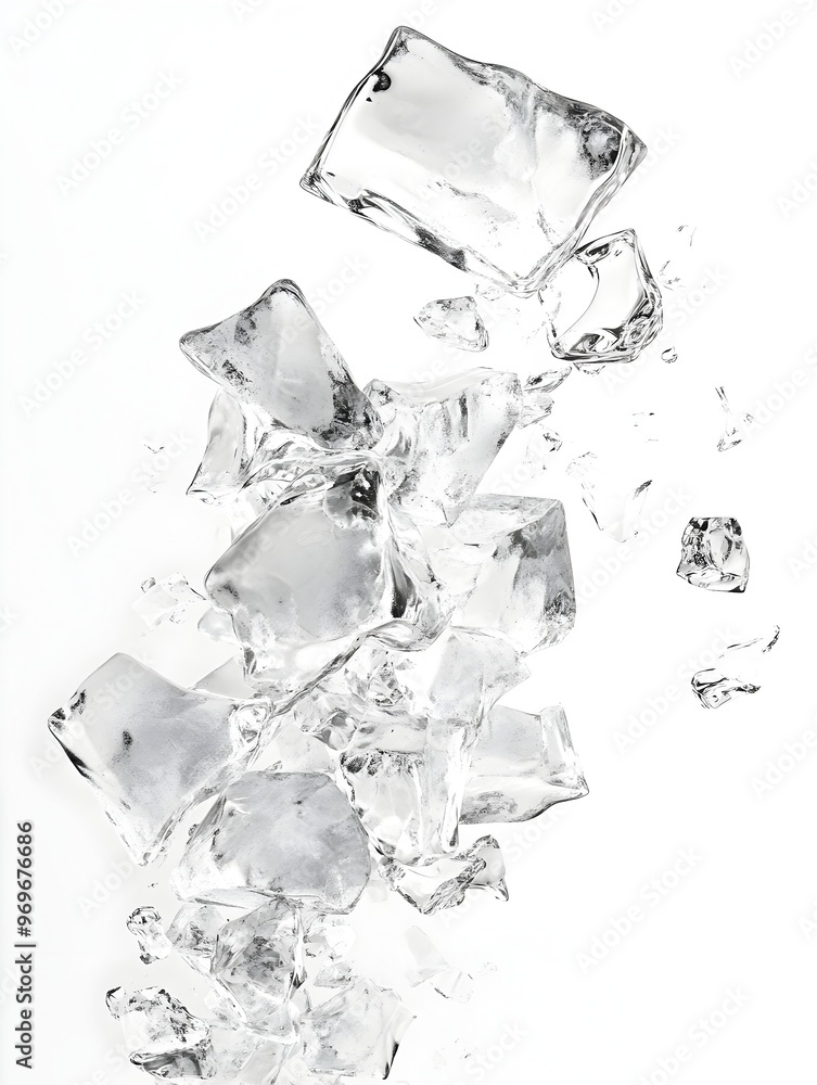 Poster shattered crystal fragments in various irregular shapes and sizes against a bright clean white backg